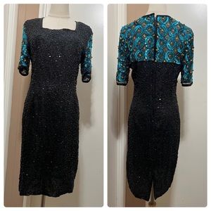 VINTAGE STENAY WOMEN'S BLACK BLUE SHORT SLEEVE SILK SEQUINS SHEATH DRESS 6.